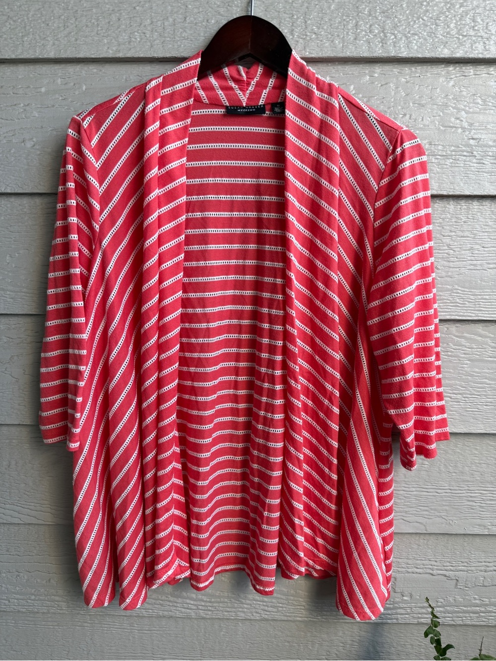 Susan Graver Weekend 1X Coral Pink White Striped Open Front Cardigan